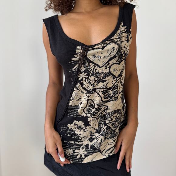Vintage Desigual black + cream graphic asymmetrical tank (Large) - Picture 6 of 11